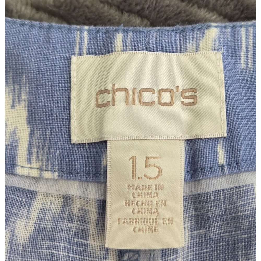 Chicos 100% Linen Blue White Geometric Pant Size 1.5 Vacation Resort 31" Inseam - Picture 3 of 7